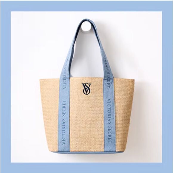 Victoria's Secret Straw Beach Tote Large Weekender Travel Logo Denim Blue Beige - Picture 3 of 5